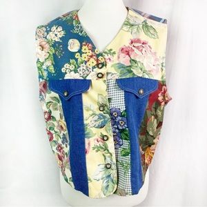 Vintage Floral and Plaid Patchwork Denim Vest M/L